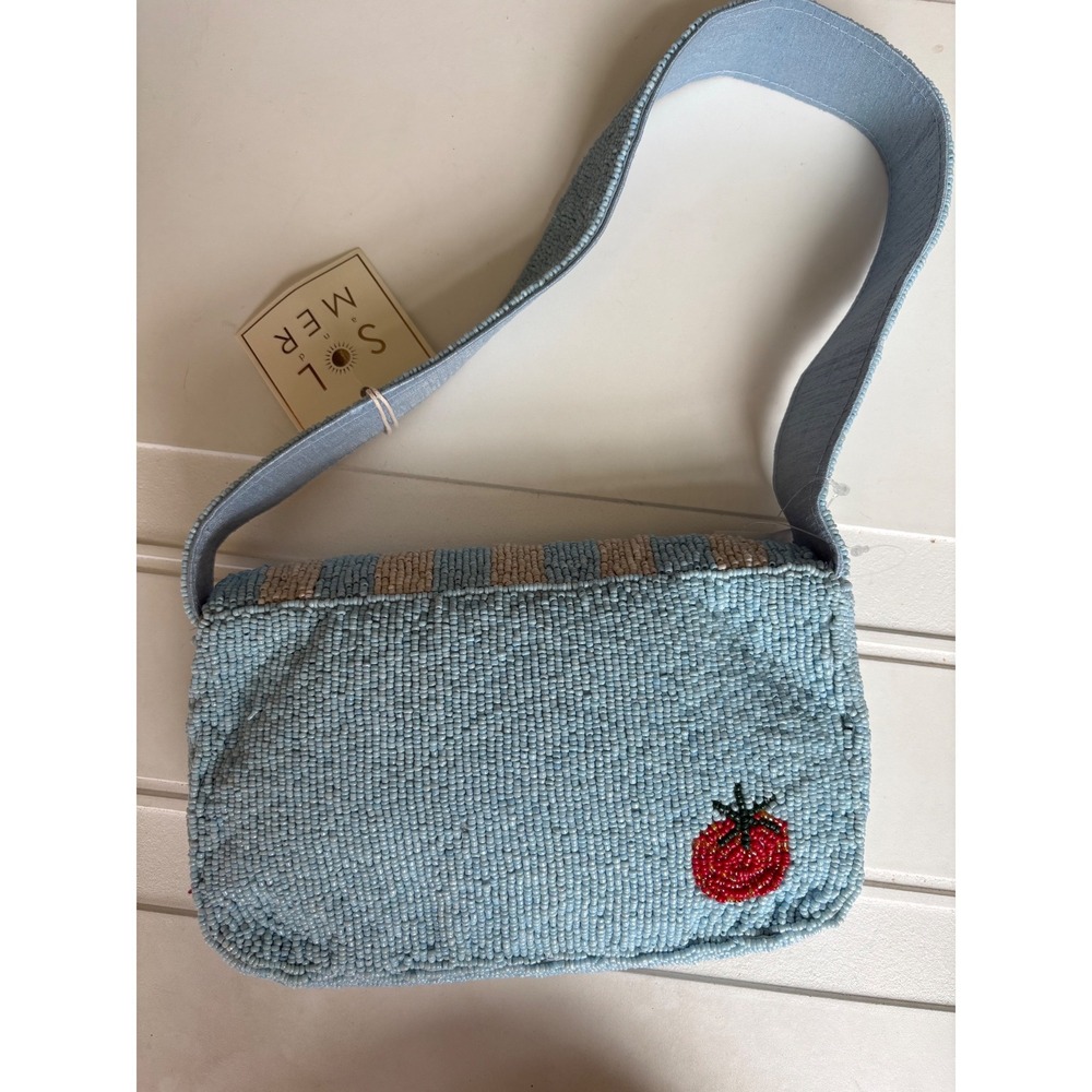 New Beaded Pasta Spaghetti Striped Shoulder Bag Novelty Food Purse Blue White - Picture 6 of 6